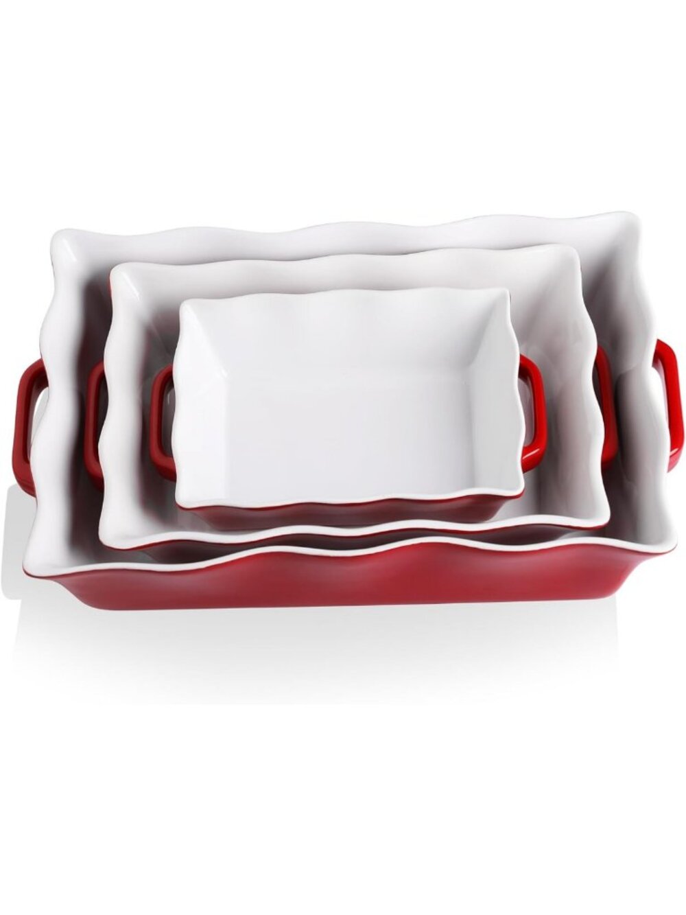 Ceramic Casserole Bakeware Set of 3, Rectangular Baking Dishes with Handles, Red